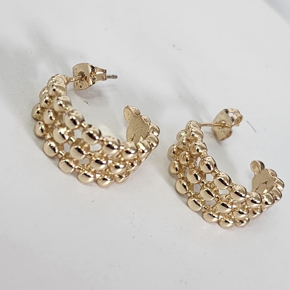 Gold 3 Row Bead Ball C Shape Hoop Earrings